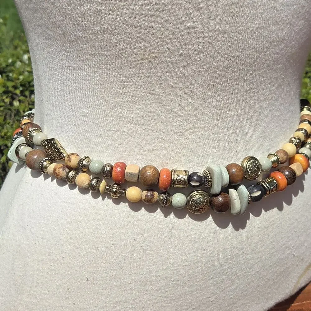 Boho Double Strand Beaded Waist Belt Neutral Earthy Adjustable Festival Belt